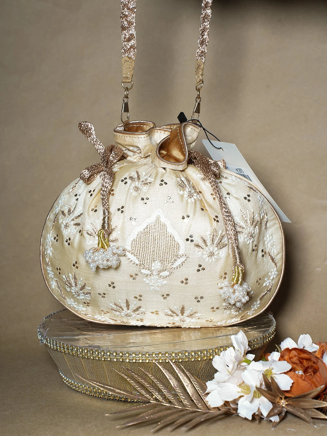 Ada Hand Embroidered Fawn Silk Lucknowi Chikankari Potli Bag With Muqaish Work 01A689048