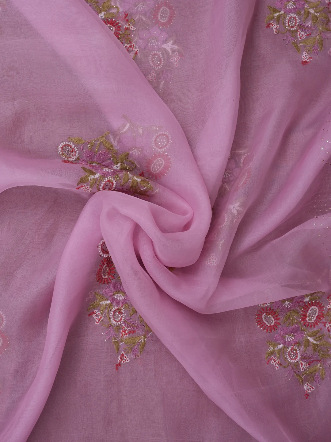 Ada Hand Embroidered Rose Pink Organza Lucknowi Chikankari Dupatta With Parsi Work 01A680686