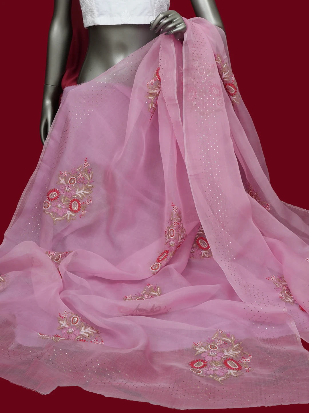 Ada Hand Embroidered Rose Pink Organza Lucknowi Chikankari Dupatta With Parsi Work 01A680686