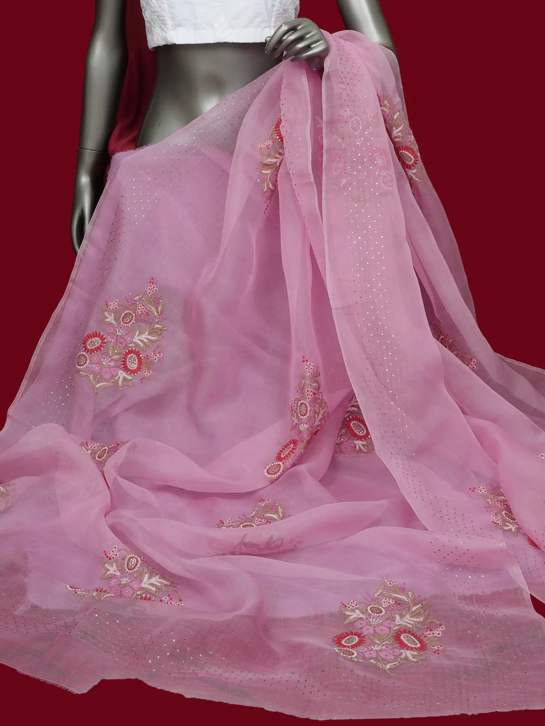 Ada Hand Embroidered Rose Pink Organza Lucknowi Chikankari Dupatta With Parsi Work 01A680686