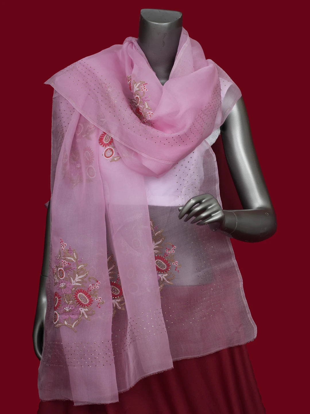 Ada Hand Embroidered Rose Pink Organza Lucknowi Chikankari Dupatta With Parsi Work 01A680686