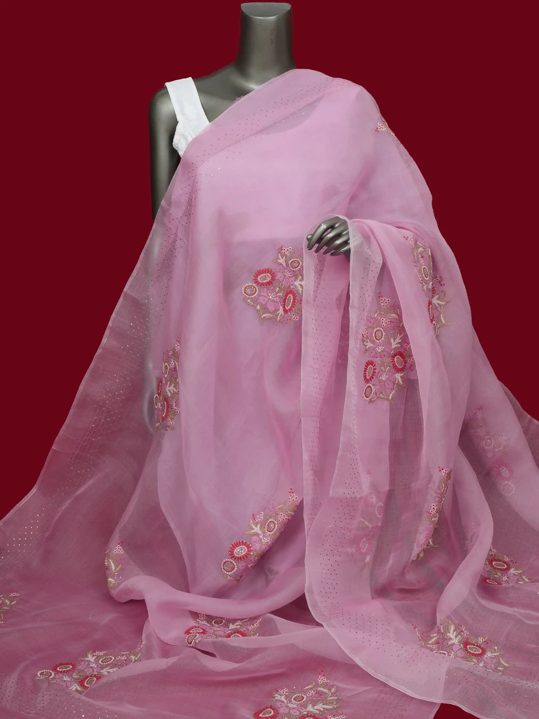 Ada Hand Embroidered Rose Pink Organza Lucknowi Chikankari Dupatta With Parsi Work 01A680686