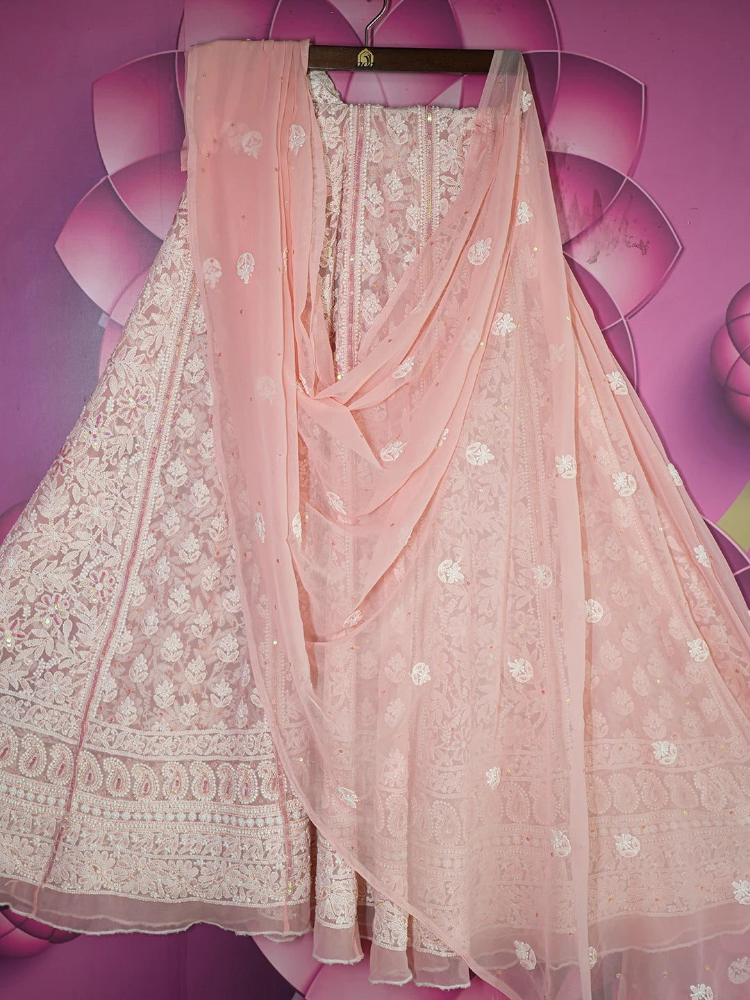 Ada Hand Embroidered Peach Georgette Lucknowi Chikankari Lehenga Set With Sequinned Work 01A605063