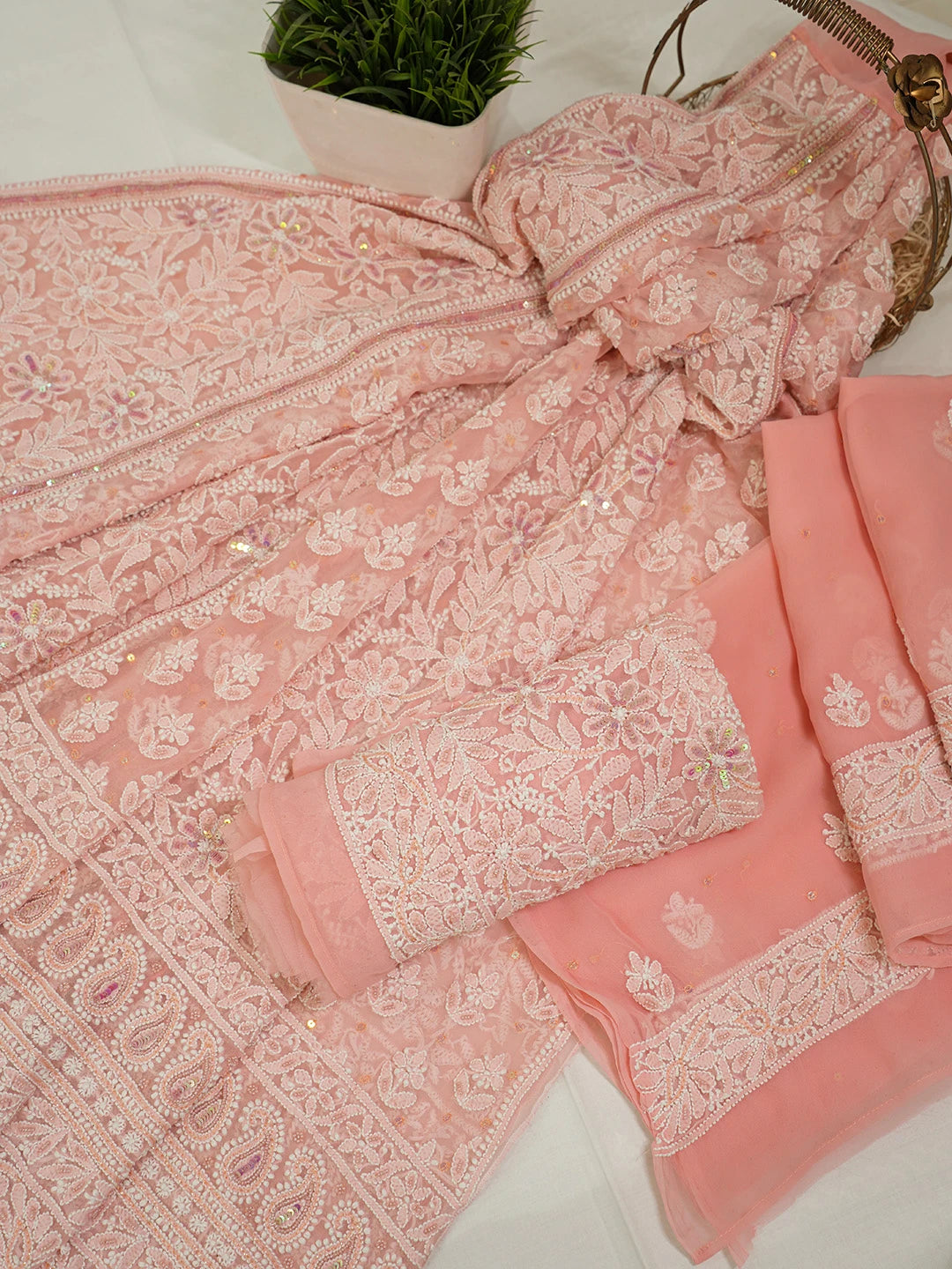 Ada Hand Embroidered Peach Georgette Lucknowi Chikankari Lehenga Set With Sequinned Work 01A605063