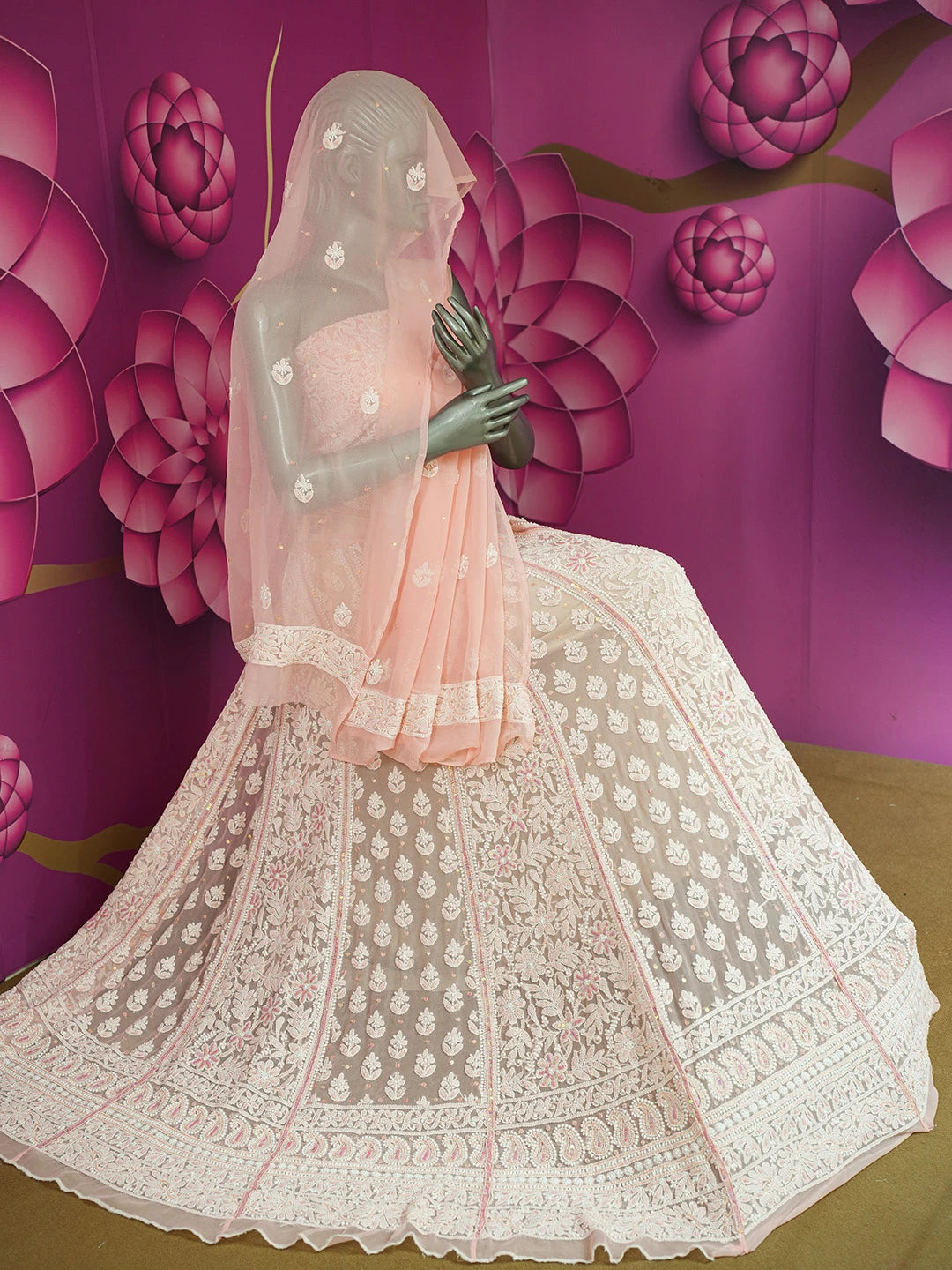 Ada Hand Embroidered Peach Georgette Lucknowi Chikankari Lehenga Set With Sequinned Work 01A605063