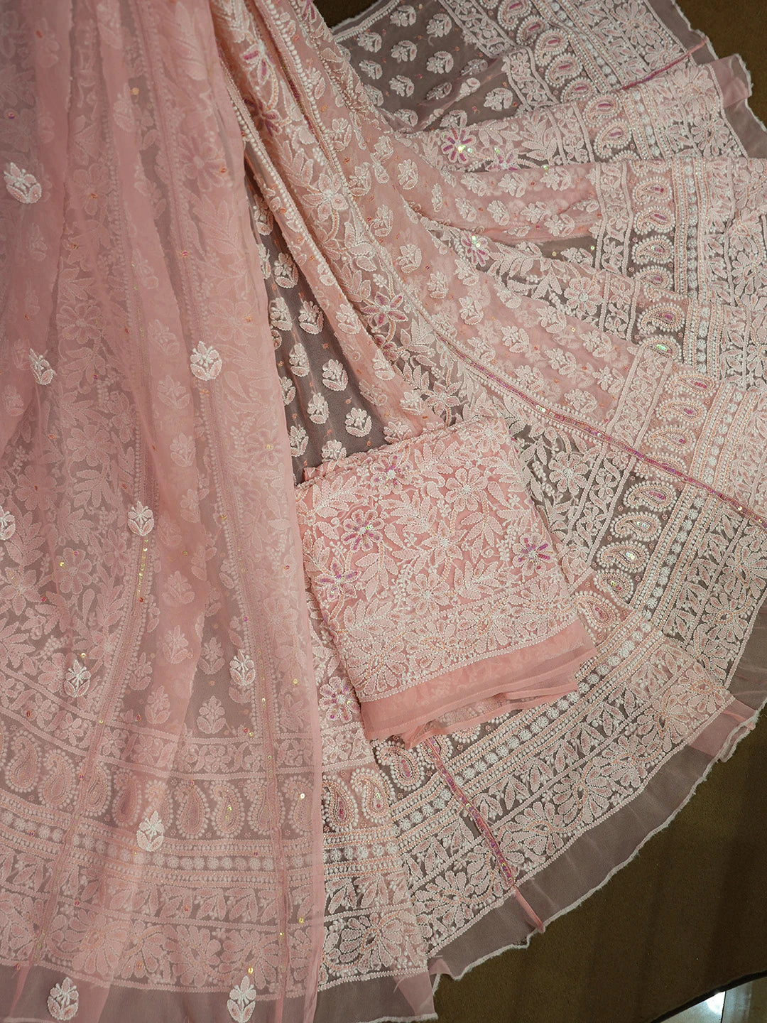 Ada Hand Embroidered Peach Georgette Lucknowi Chikankari Lehenga Set With Sequinned Work 01A605063