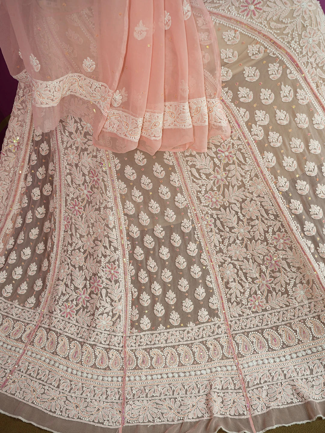 Ada Hand Embroidered Peach Georgette Lucknowi Chikankari Lehenga Set With Sequinned Work 01A605063