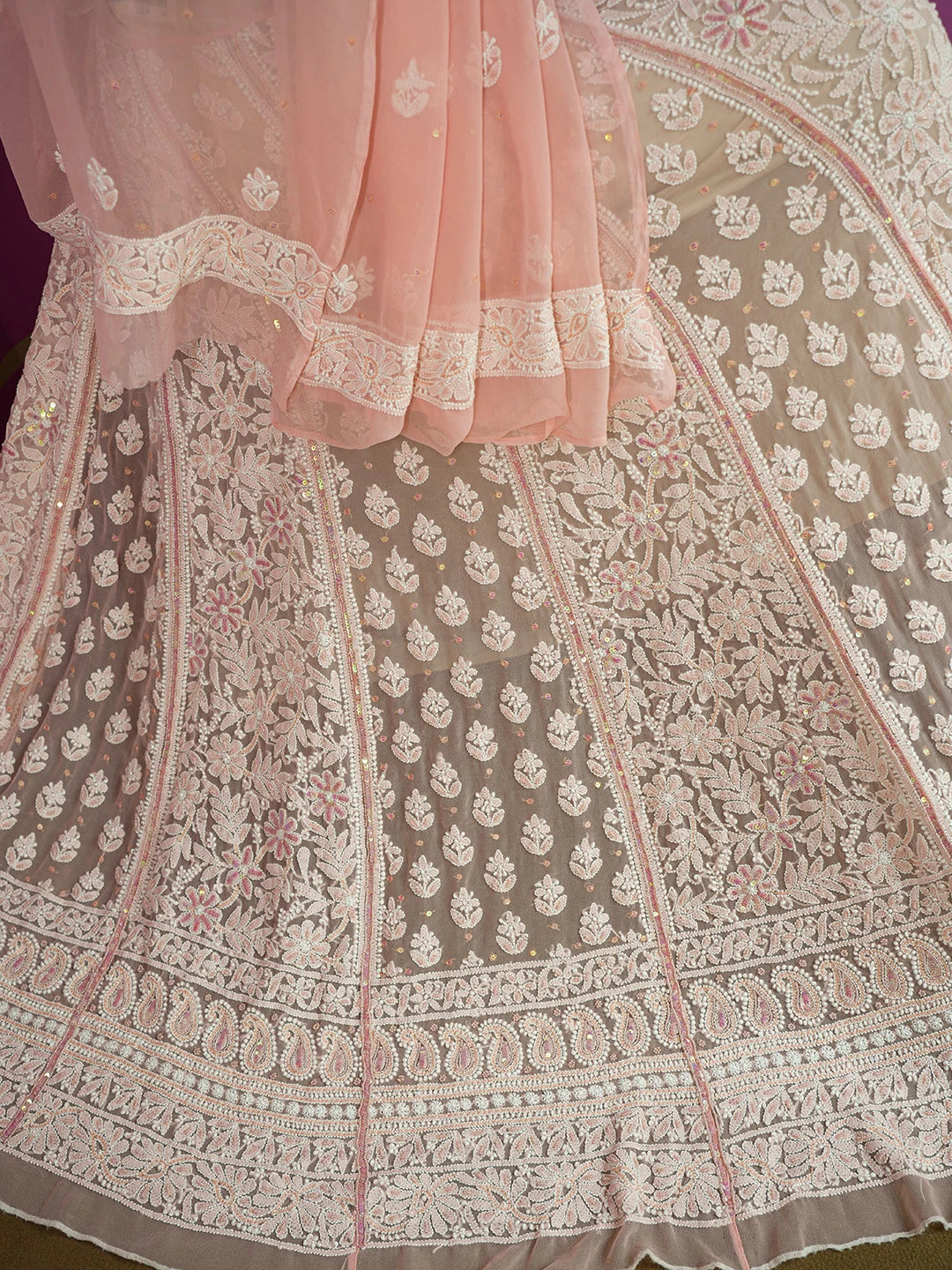 Ada Hand Embroidered Peach Georgette Lucknowi Chikankari Lehenga Set With Sequinned Work 01A605063