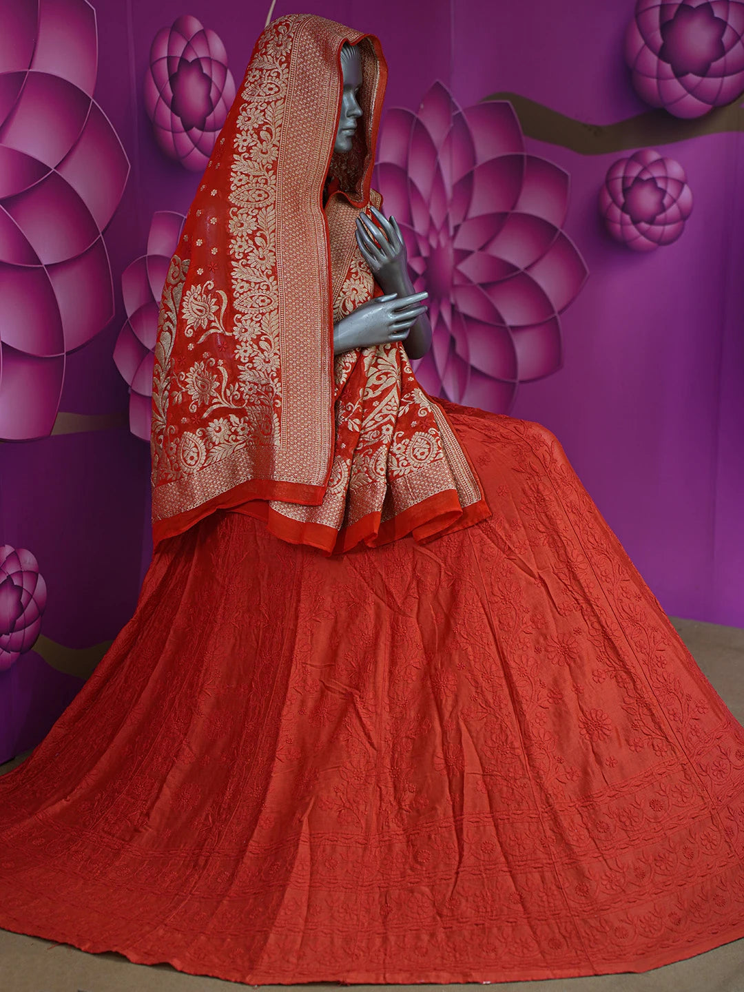 Ada Hand Embroidered Red Chanderi Lucknowi Chikankari Lehenga Set With Zari Work 01A127218