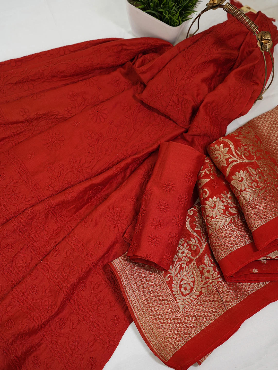 Ada Hand Embroidered Red Chanderi Lucknowi Chikankari Lehenga Set With Zari Work 01A127218