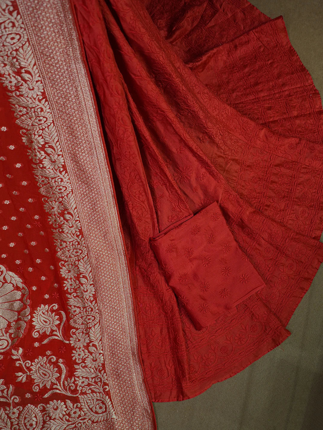 Ada Hand Embroidered Red Chanderi Lucknowi Chikankari Lehenga Set With Zari Work 01A127218