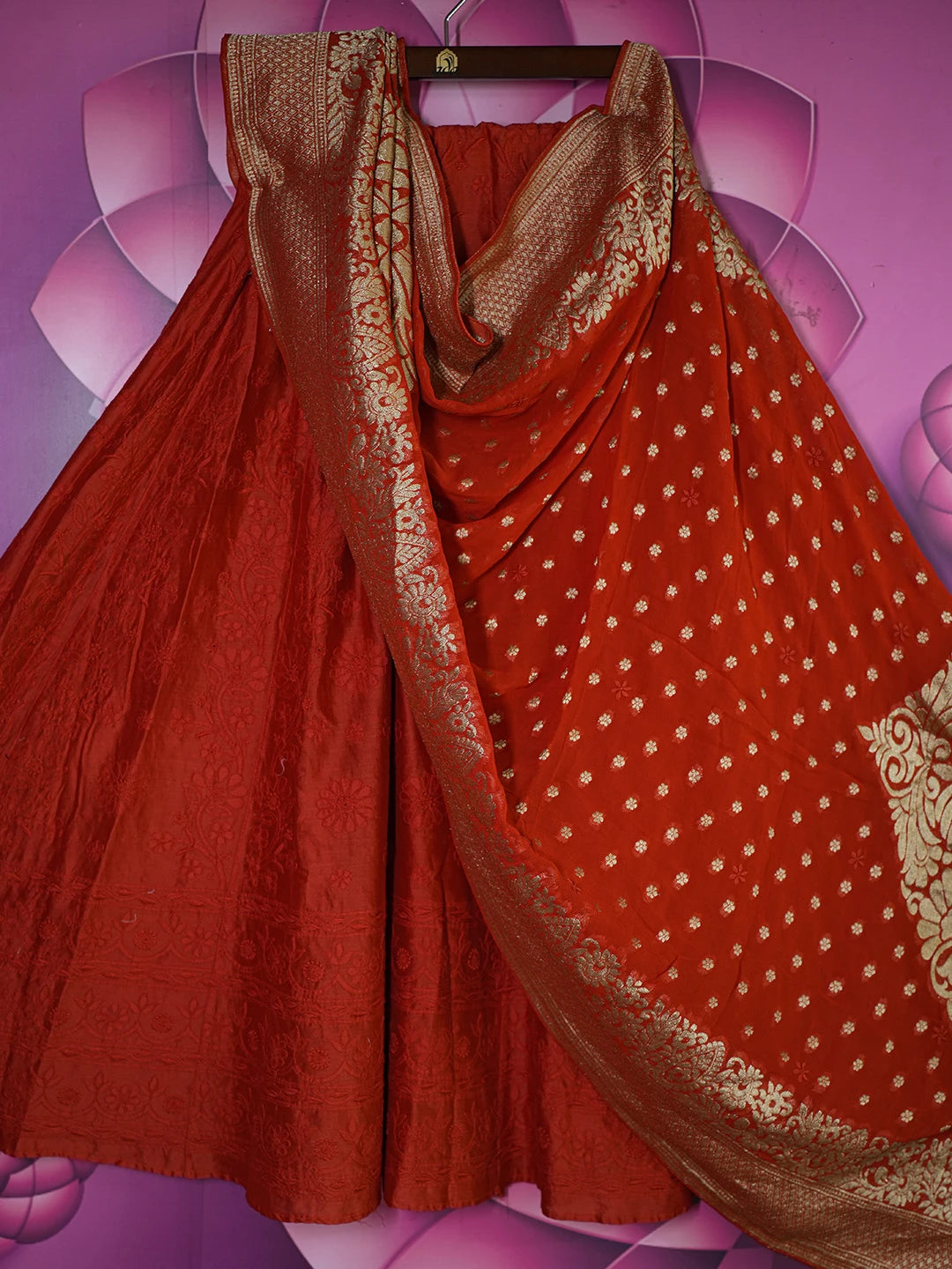 Ada Hand Embroidered Red Chanderi Lucknowi Chikankari Lehenga Set With Zari Work 01A127218