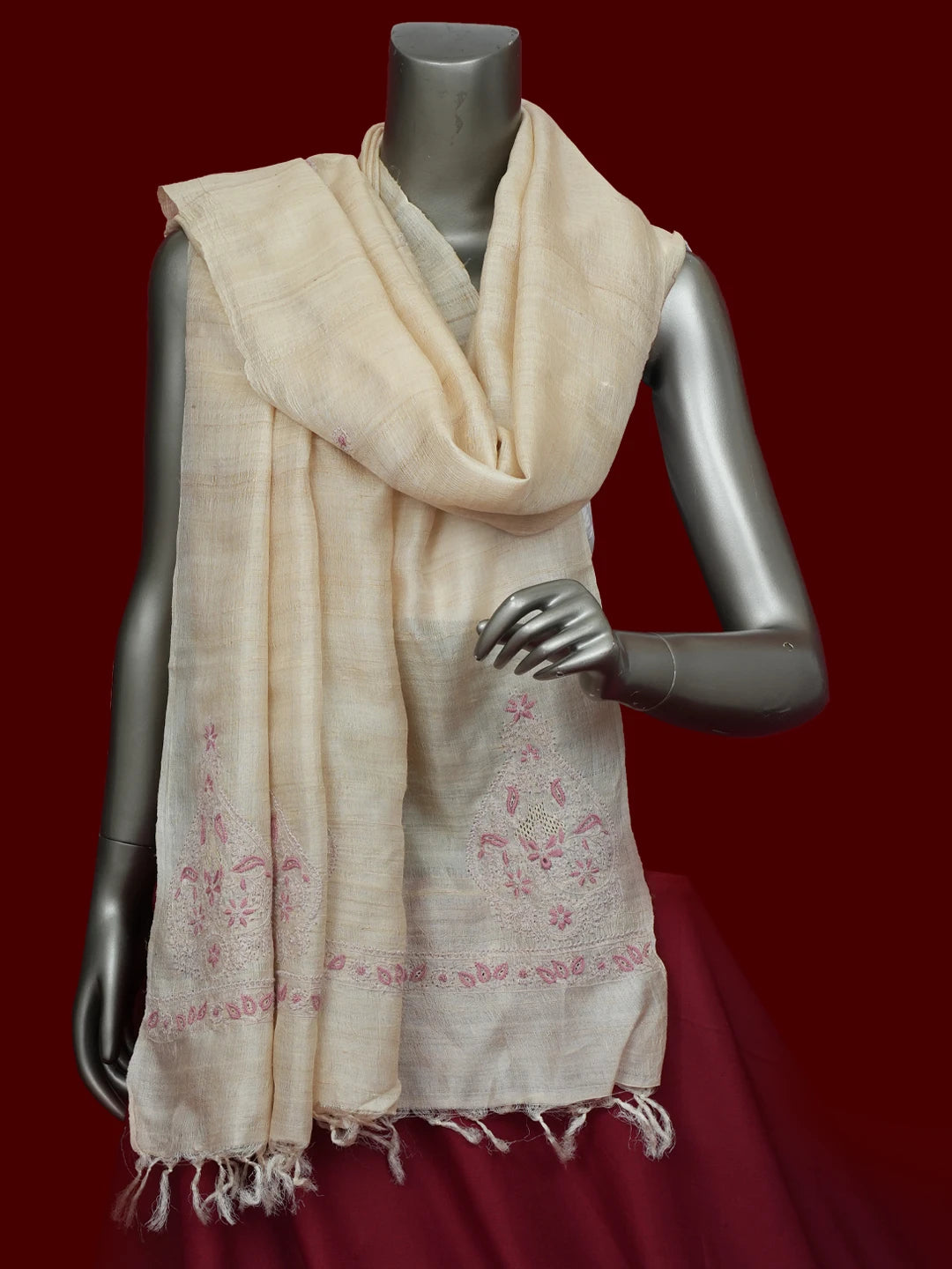 Ada Hand Embroidered Fawn Tussar Silk Lucknowi Chikankari Dupatta 01A663444