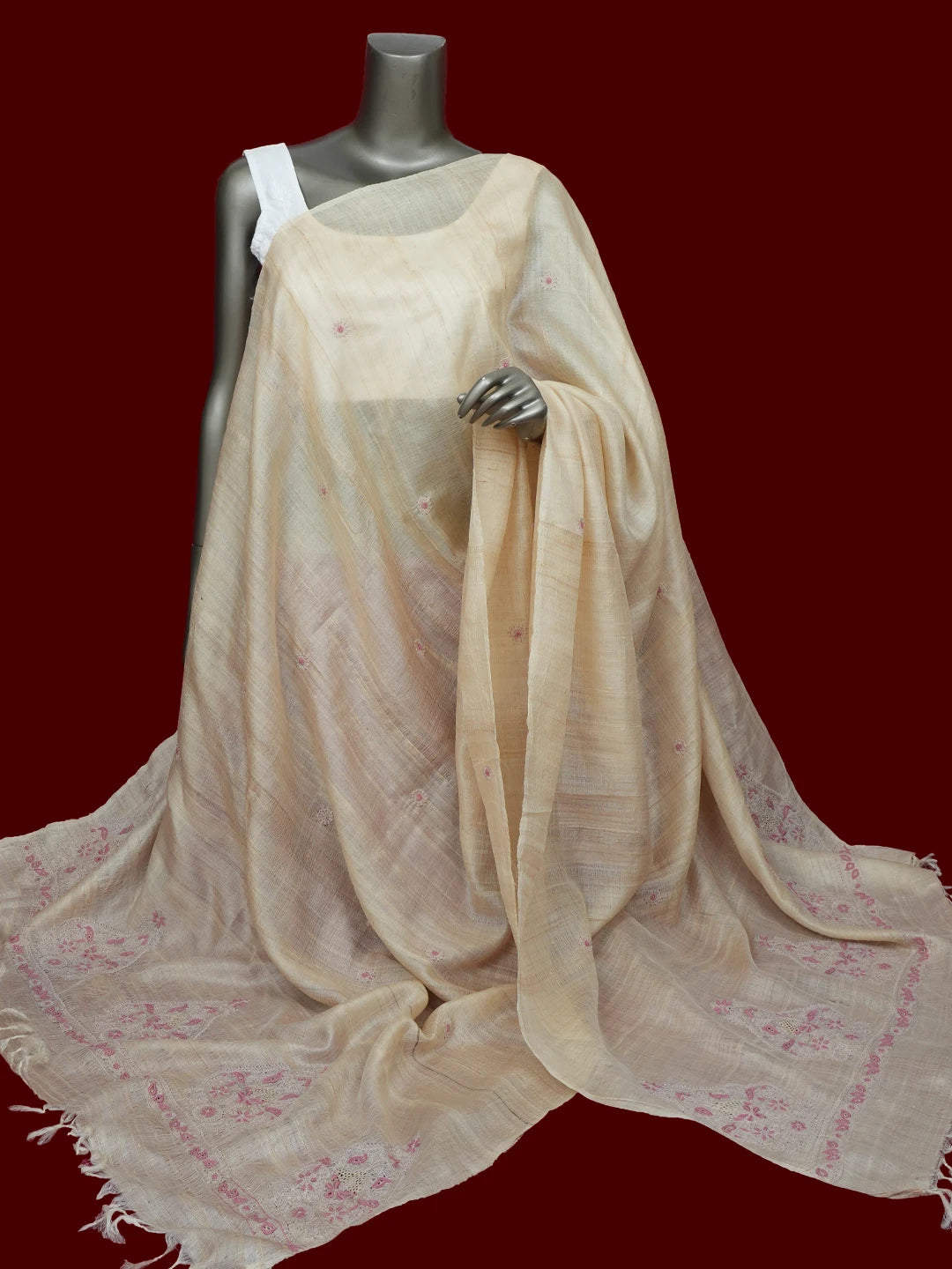 Ada Hand Embroidered Fawn Tussar Silk Lucknowi Chikankari Dupatta 01A663444