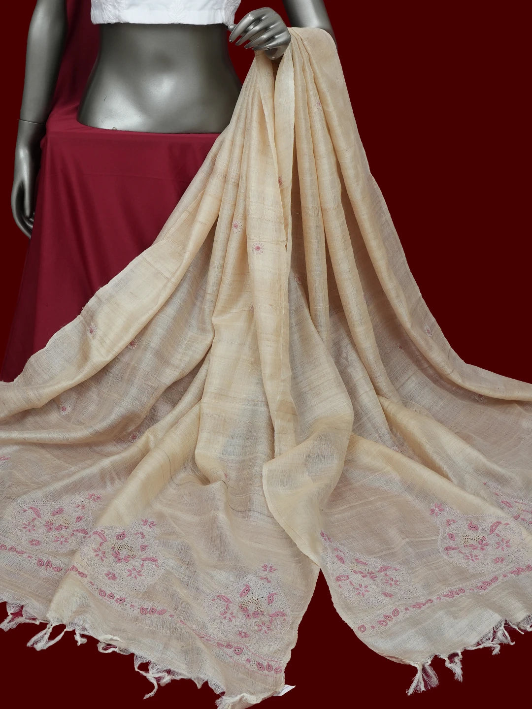 Ada Hand Embroidered Fawn Tussar Silk Lucknowi Chikankari Dupatta 01A663444