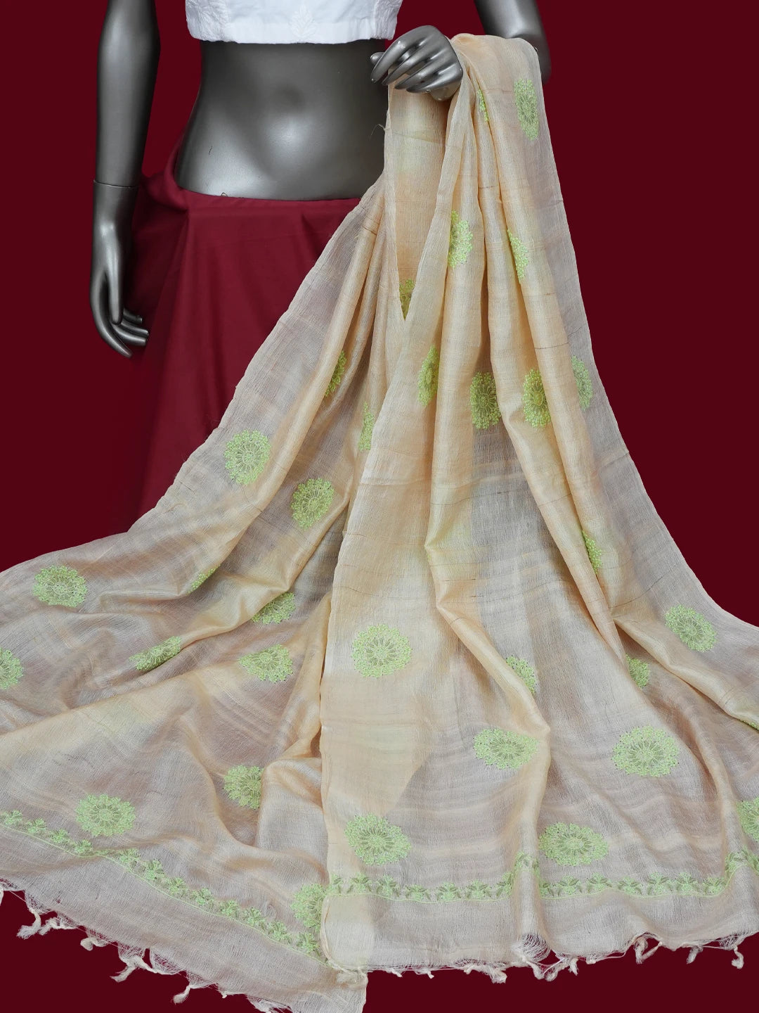 Ada Hand Embroidered Fawn Tussar Silk Lucknowi Chikankari Dupatta 01A650674