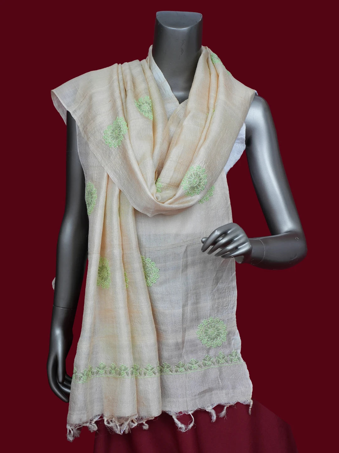 Ada Hand Embroidered Fawn Tussar Silk Lucknowi Chikankari Dupatta 01A650674