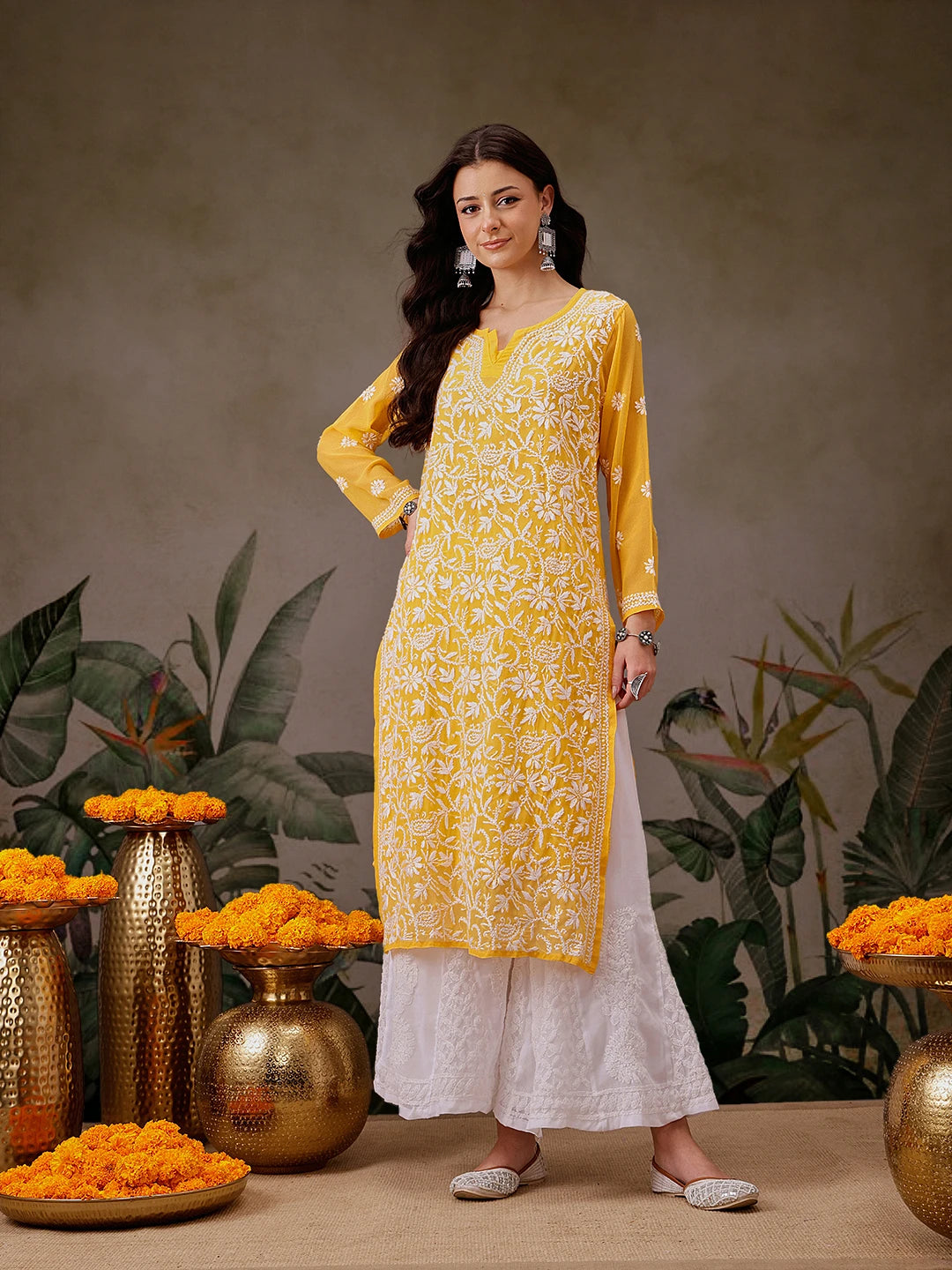 Ada Hand Embroidered Yellow Georgette Lucknow Chikankari Straight Kurta with Slip A90321