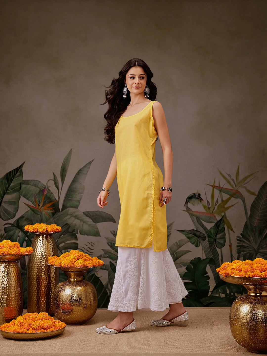Ada Hand Embroidered Yellow Georgette Lucknow Chikankari Straight Kurta with Slip A90321