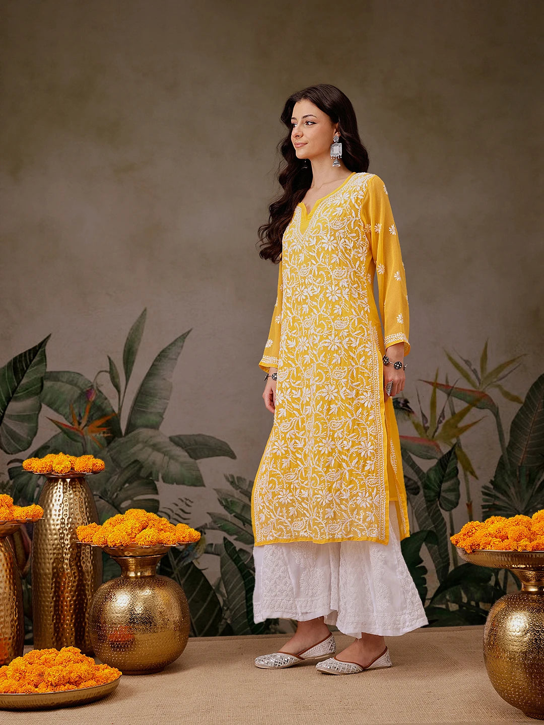 Ada Hand Embroidered Yellow Georgette Lucknow Chikankari Straight Kurta with Slip A90321