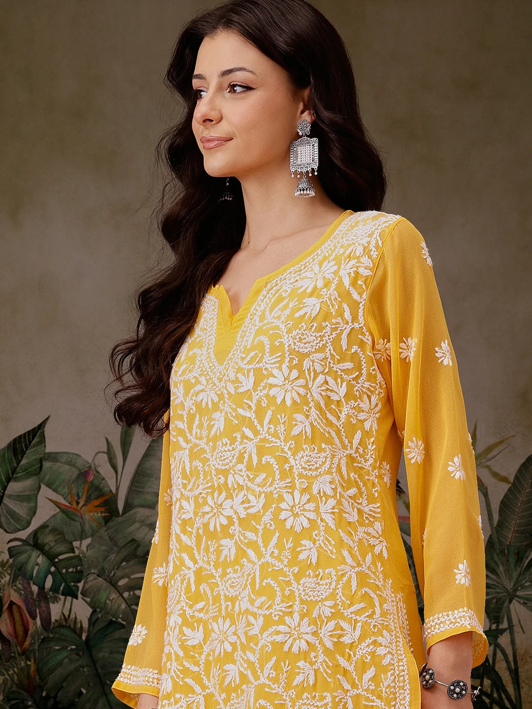 Ada Hand Embroidered Yellow Georgette Lucknow Chikankari Straight Kurta with Slip A90321