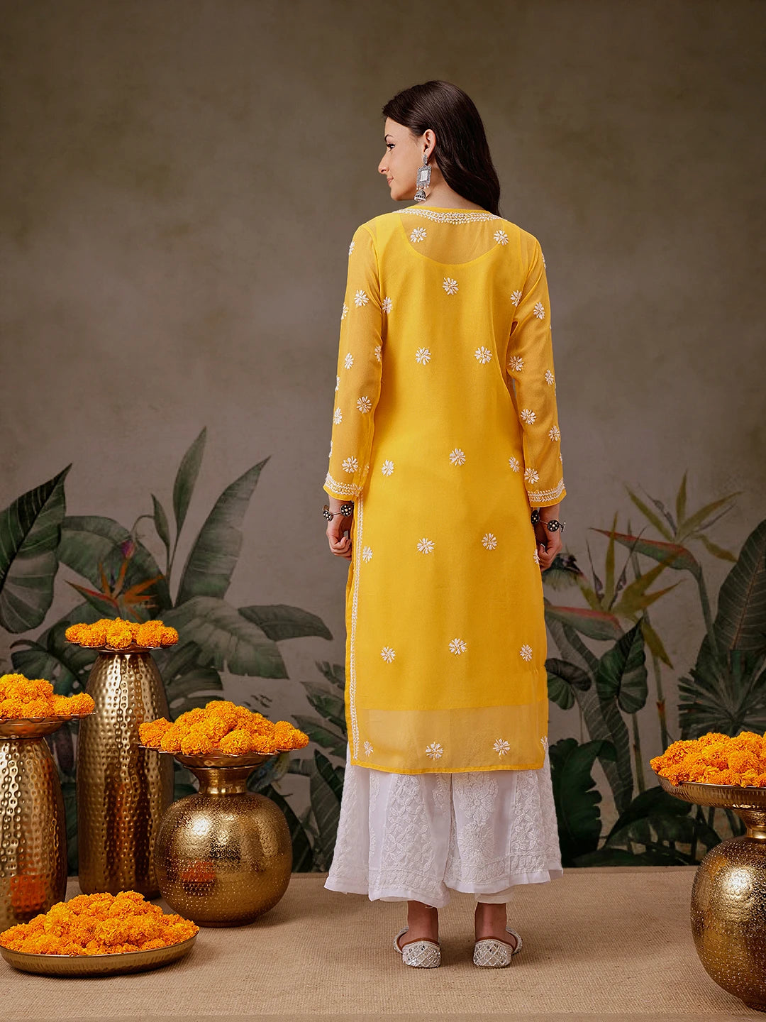 Ada Hand Embroidered Yellow Georgette Lucknow Chikankari Straight Kurta with Slip A90321