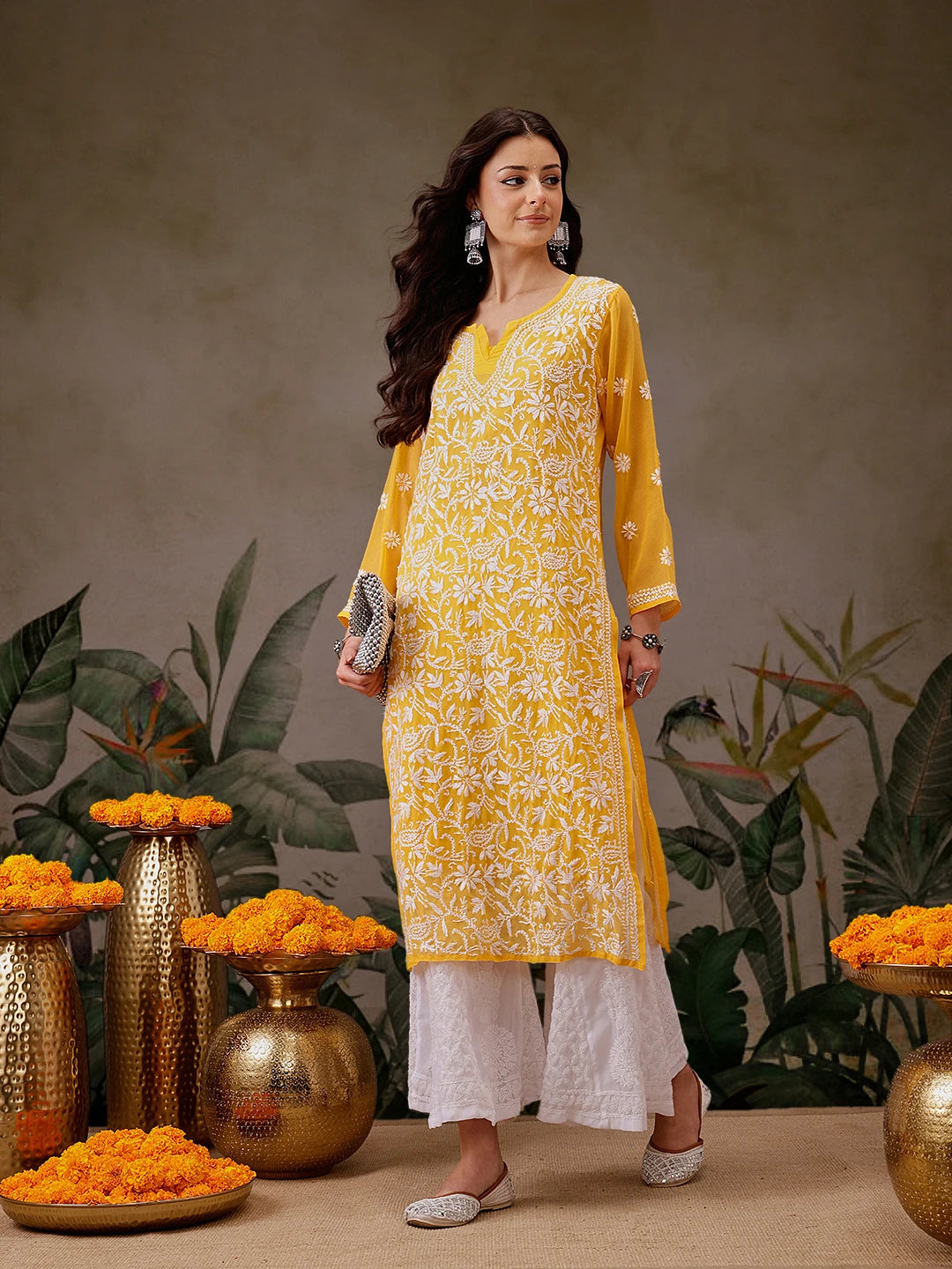 Ada Hand Embroidered Yellow Georgette Lucknow Chikankari Straight Kurta with Slip A90321