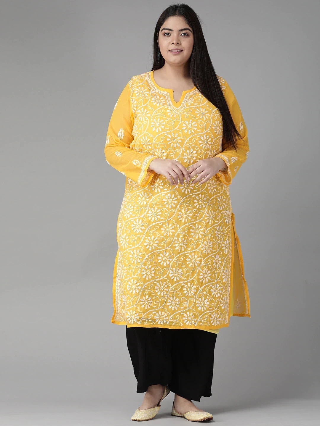 Ada Hand Embroidered Yellow Georgette Lucknow Chikankari Straight Kurta with Slip A90321