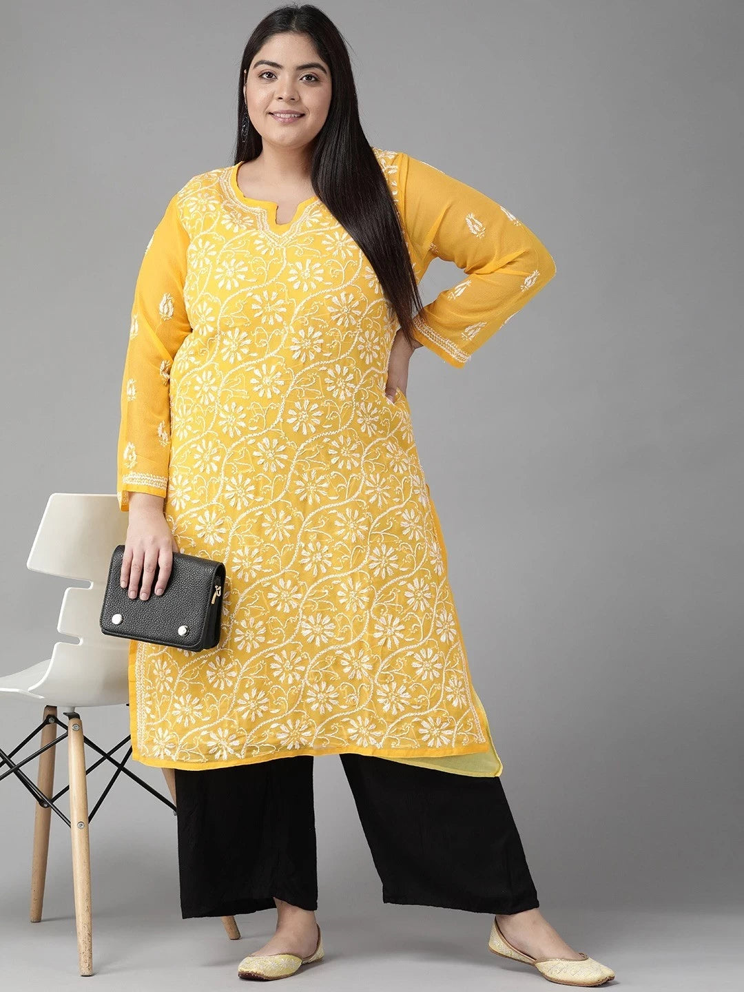 Ada Hand Embroidered Yellow Georgette Lucknow Chikankari Straight Kurta with Slip A90321