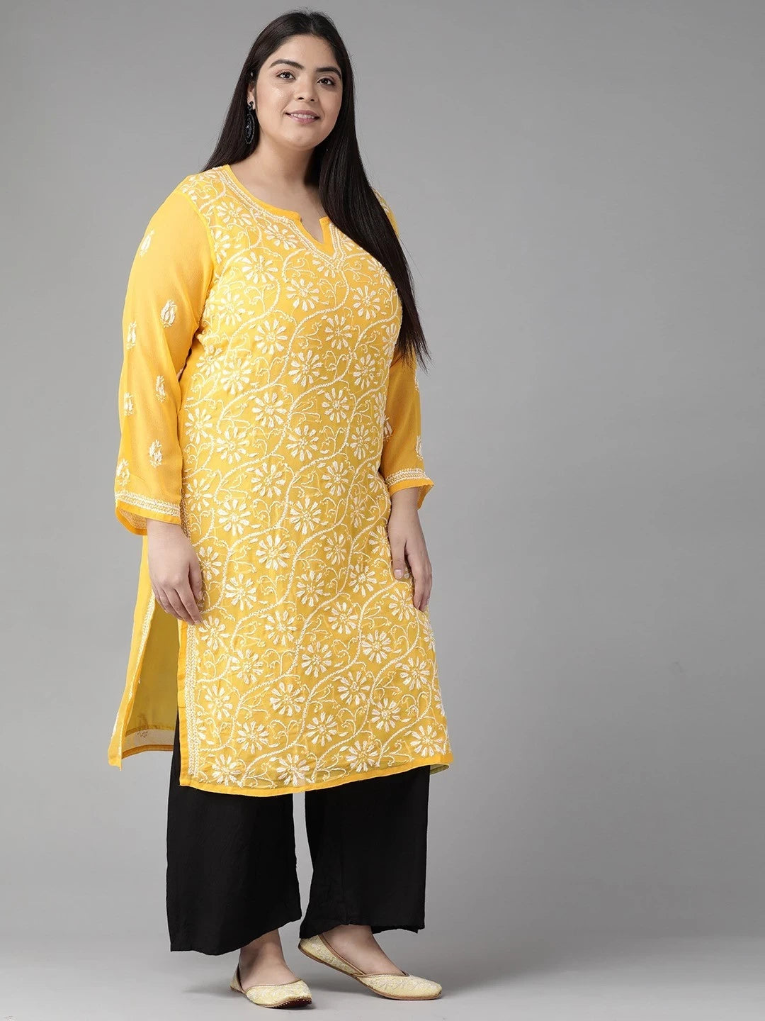 Ada Hand Embroidered Yellow Georgette Lucknow Chikankari Straight Kurta with Slip A90321