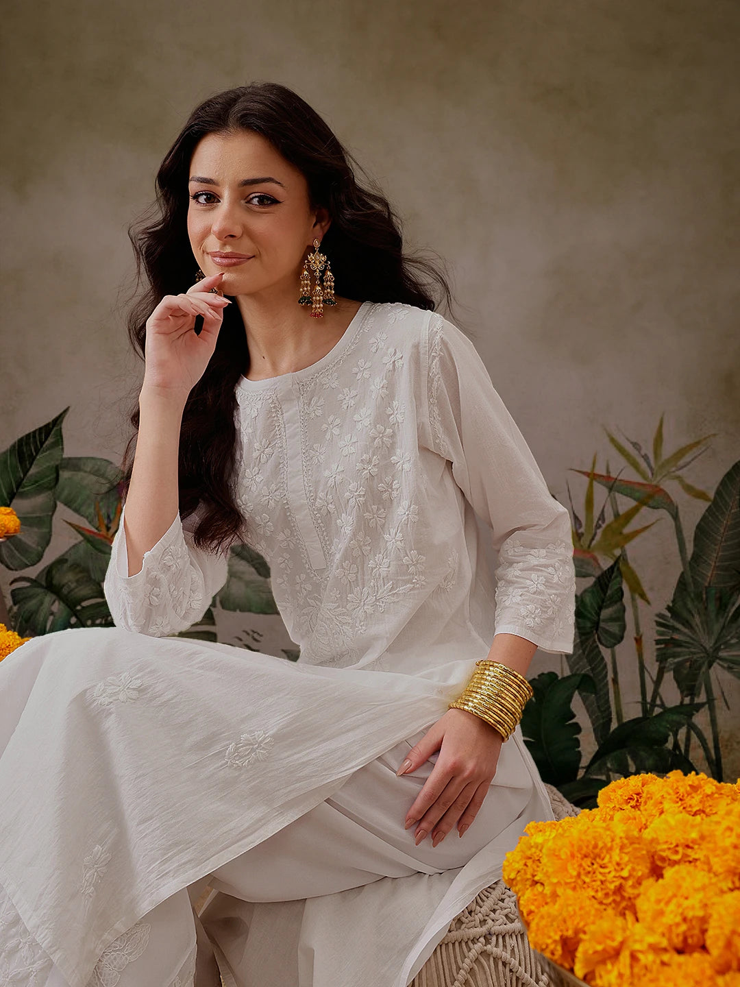 Ada Hand Embroidered White Cotton Lucknowi Chikankari Straight Kurta A411475