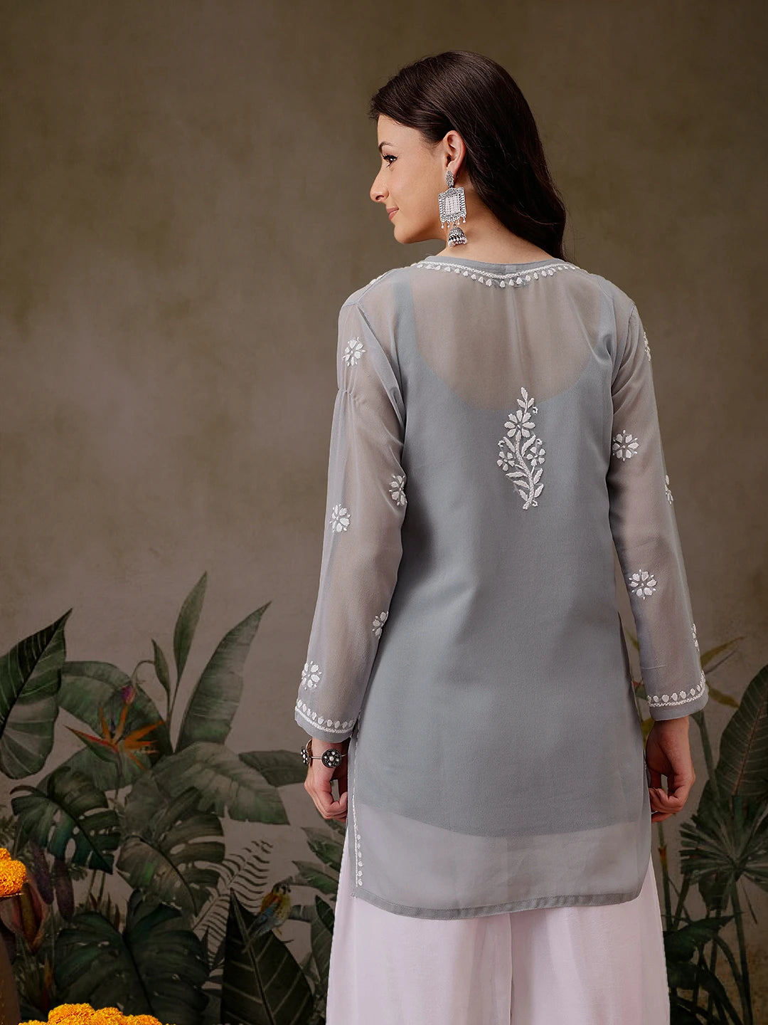 Ada Hand Embroidered Grey Georgette Lucknowi Chikankari Straight Kurti With Slip A911305