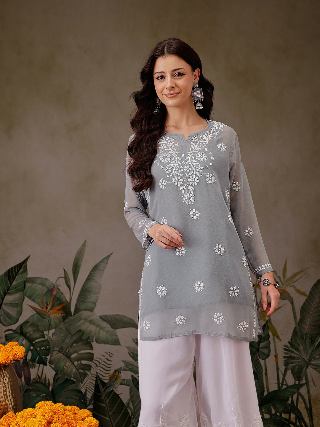 Ada Hand Embroidered Grey Georgette Lucknowi Chikankari Straight Kurti With Slip A911305