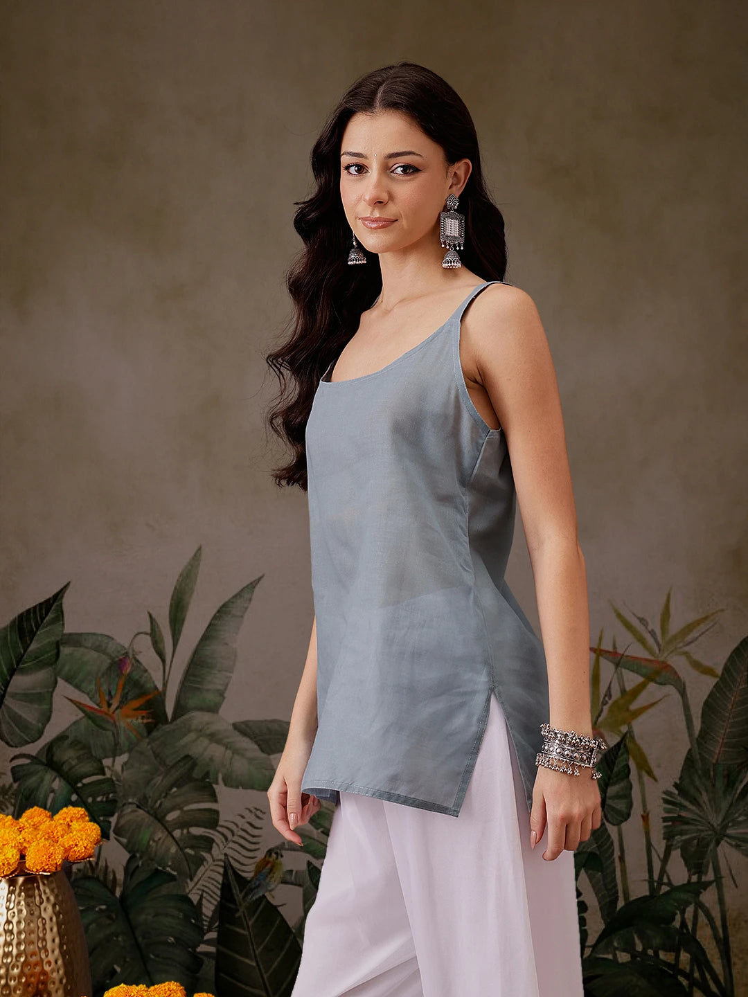 Ada Hand Embroidered Grey Georgette Lucknowi Chikankari Straight Kurti With Slip A911305