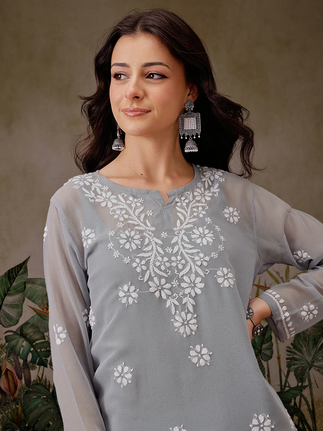 Ada Hand Embroidered Grey Georgette Lucknowi Chikankari Straight Kurti With Slip A911305