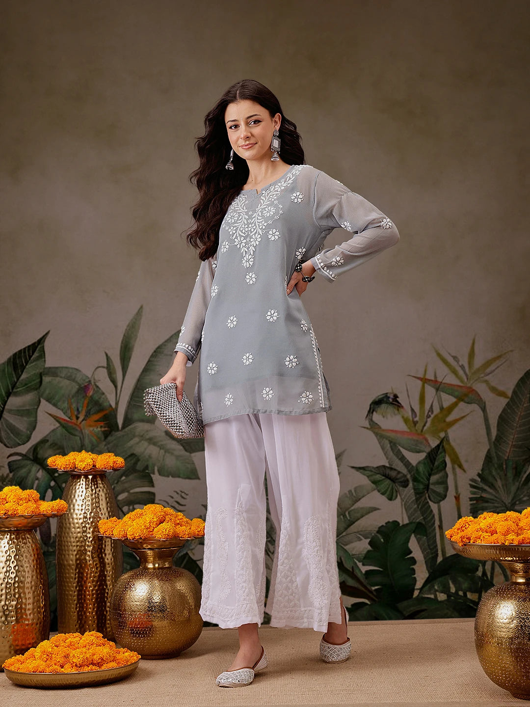 Ada Hand Embroidered Grey Georgette Lucknowi Chikankari Straight Kurti With Slip A911305