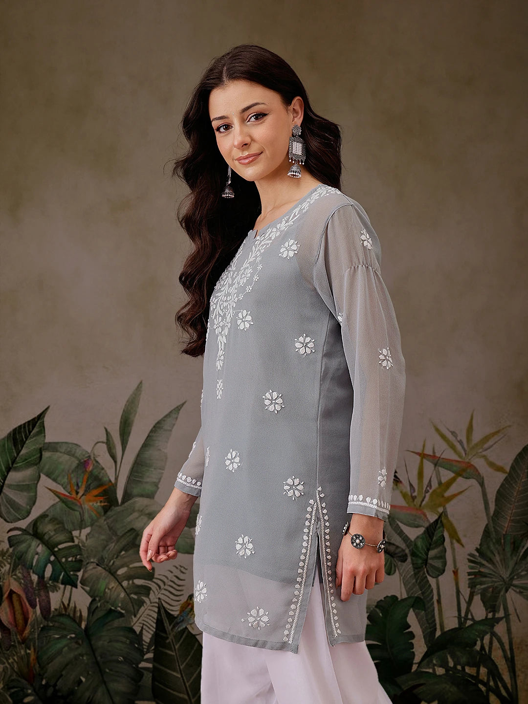 Ada Hand Embroidered Grey Georgette Lucknowi Chikankari Straight Kurti With Slip A911305