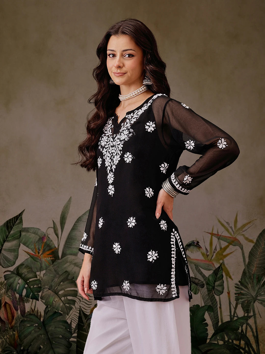 Ada Hand Embroidered Black Georgette Lucknowi Chikankari Straight Kurti With Slip A911355