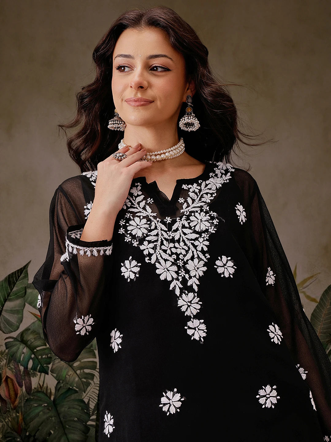 Ada Hand Embroidered Black Georgette Lucknowi Chikankari Straight Kurti With Slip A911355