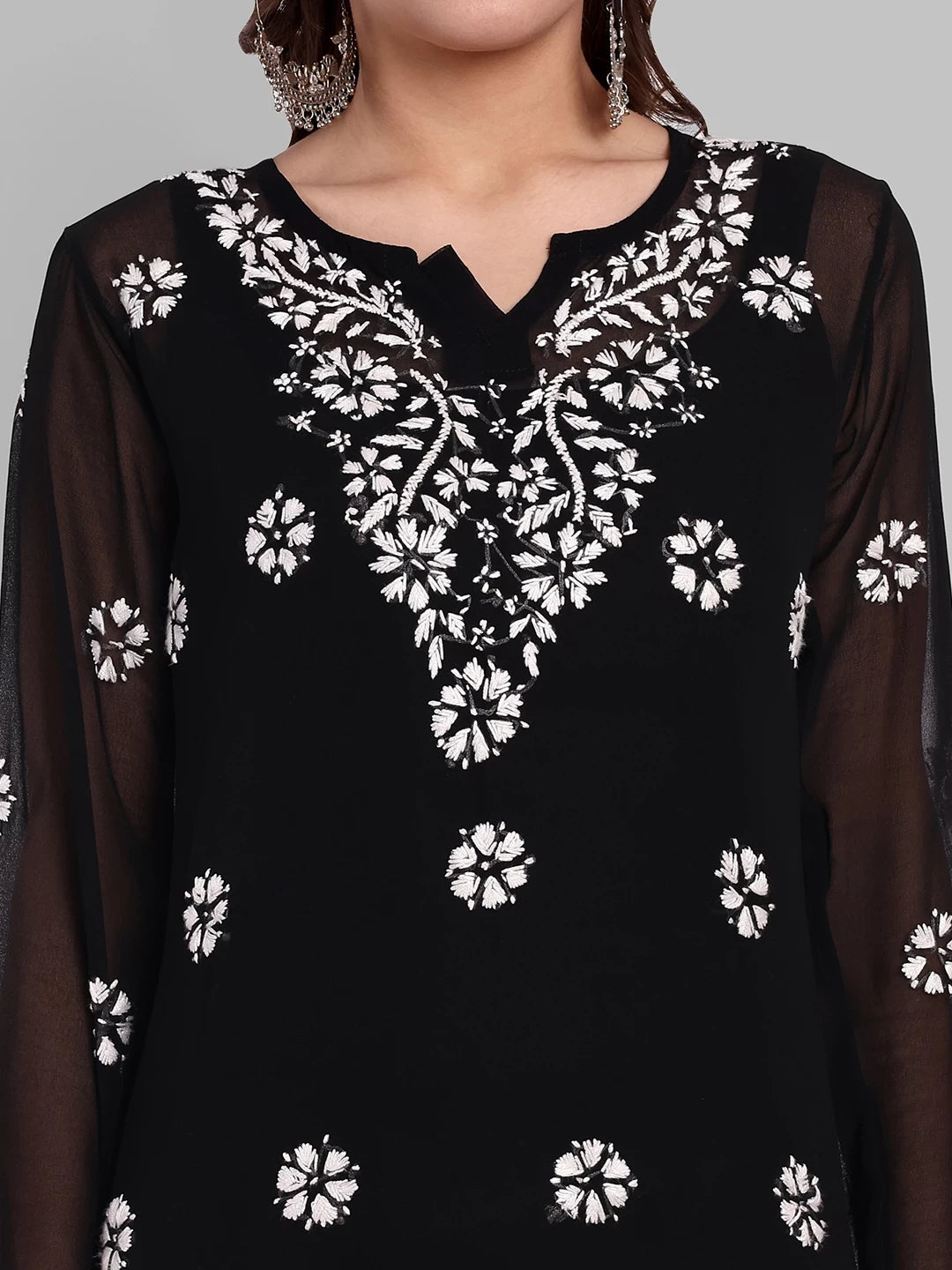 Ada Hand Embroidered Black Georgette Lucknowi Chikankari Straight Kurti With Slip A911355
