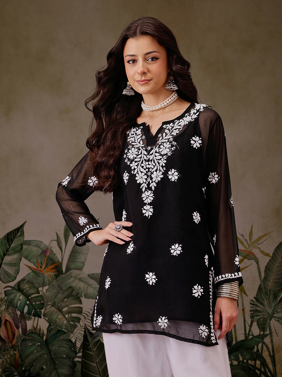 Ada Hand Embroidered Black Georgette Lucknowi Chikankari Straight Kurti With Slip A911355