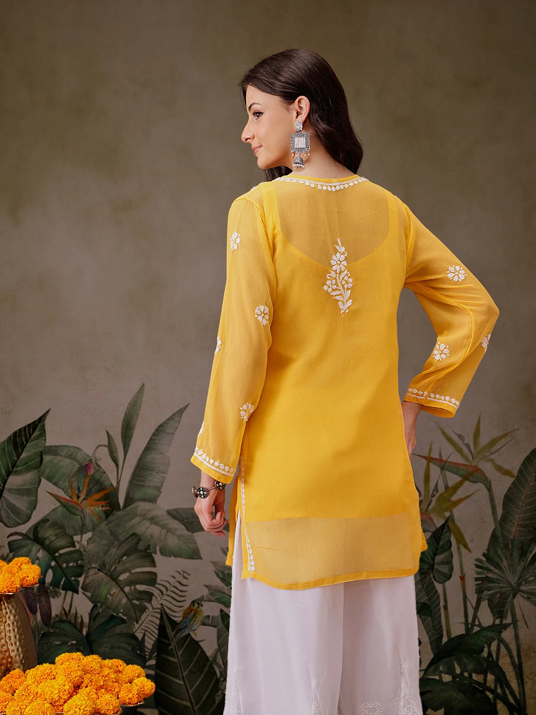 Ada Hand Embroidered Yellow Georgette Lucknowi Chikankari Straight Kurti With Slip A911304