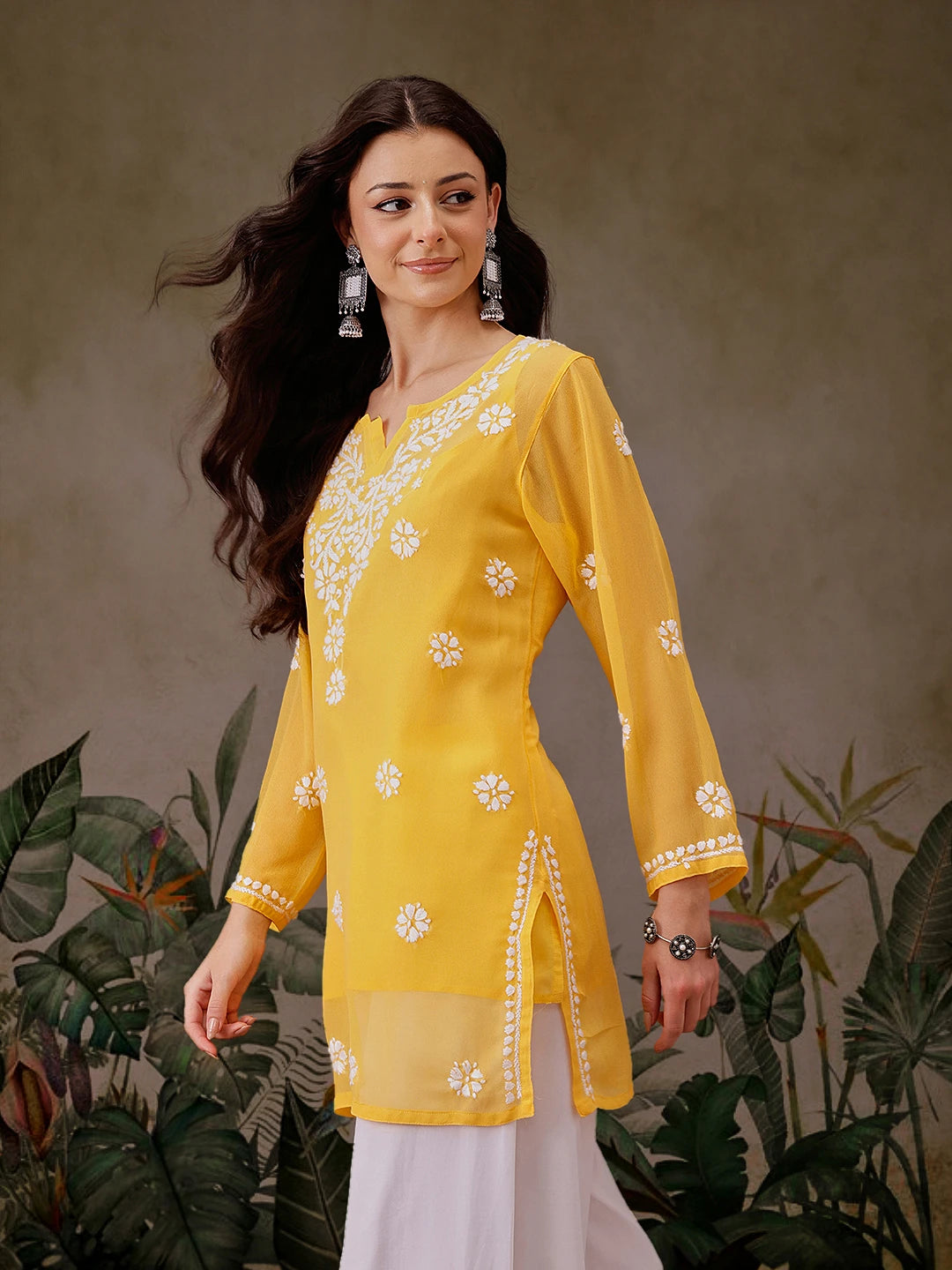 Ada Hand Embroidered Yellow Georgette Lucknowi Chikankari Straight Kurti With Slip A911304