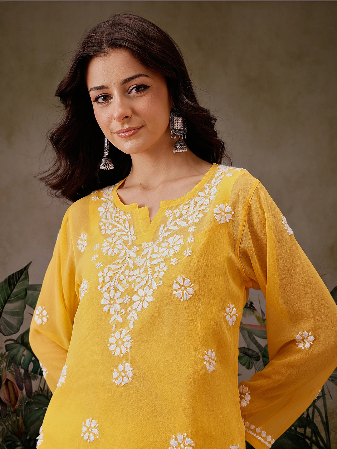 Ada Hand Embroidered Yellow Georgette Lucknowi Chikankari Straight Kurti With Slip A911304