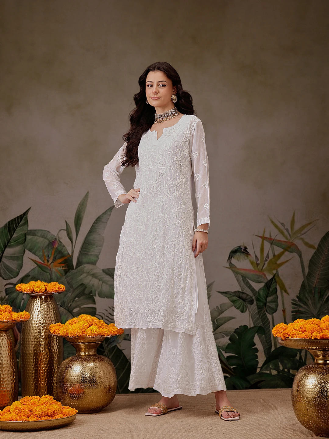 Ada Hand Embroidered White Georgette Lucknowi Chikankari Straight Kurta With Slip A100345