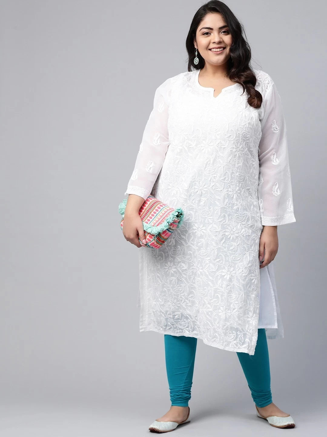Ada Hand Embroidered White Georgette Lucknowi Chikankari Straight Kurta With Slip A100345