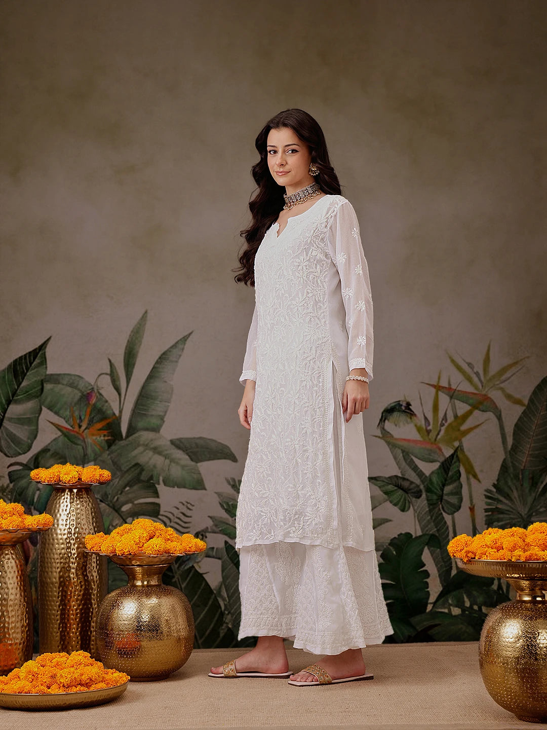 Ada Hand Embroidered White Georgette Lucknowi Chikankari Straight Kurta With Slip A100345