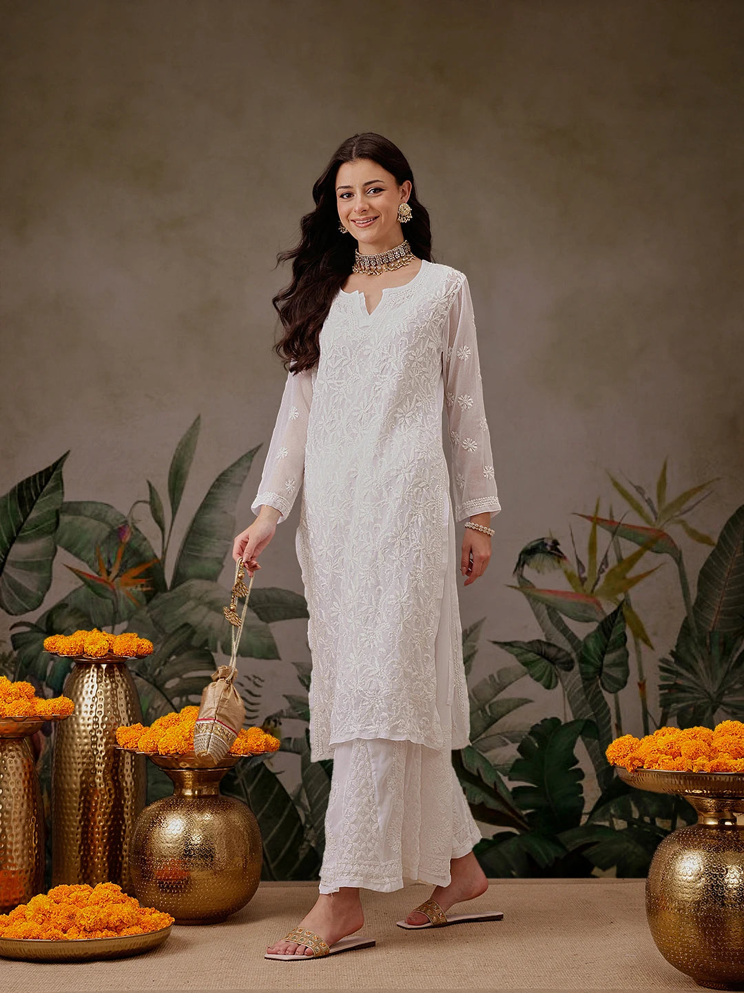 Ada Hand Embroidered White Georgette Lucknowi Chikankari Straight Kurta With Slip A100345