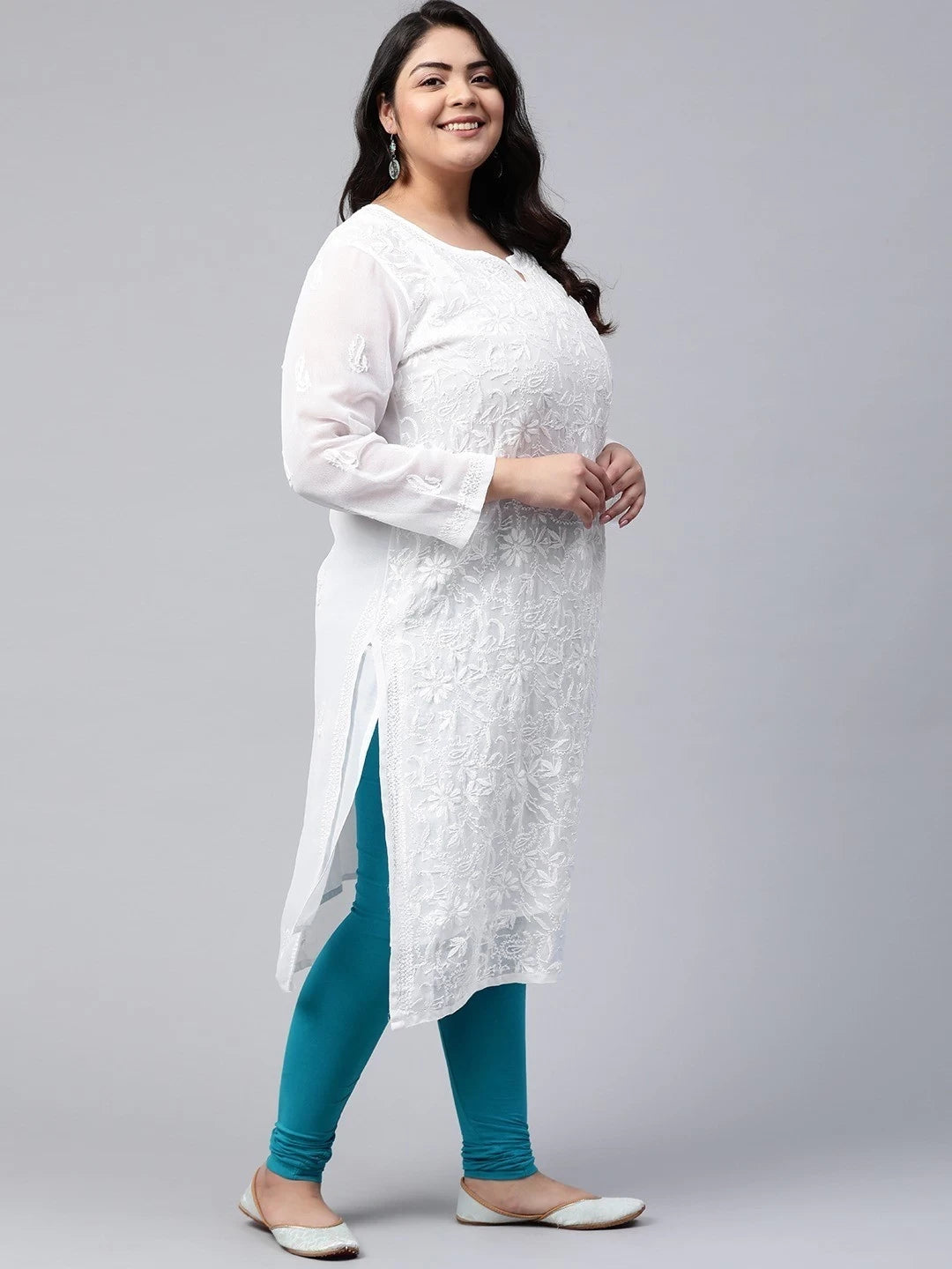 Ada Hand Embroidered White Georgette Lucknowi Chikankari Straight Kurta With Slip A100345