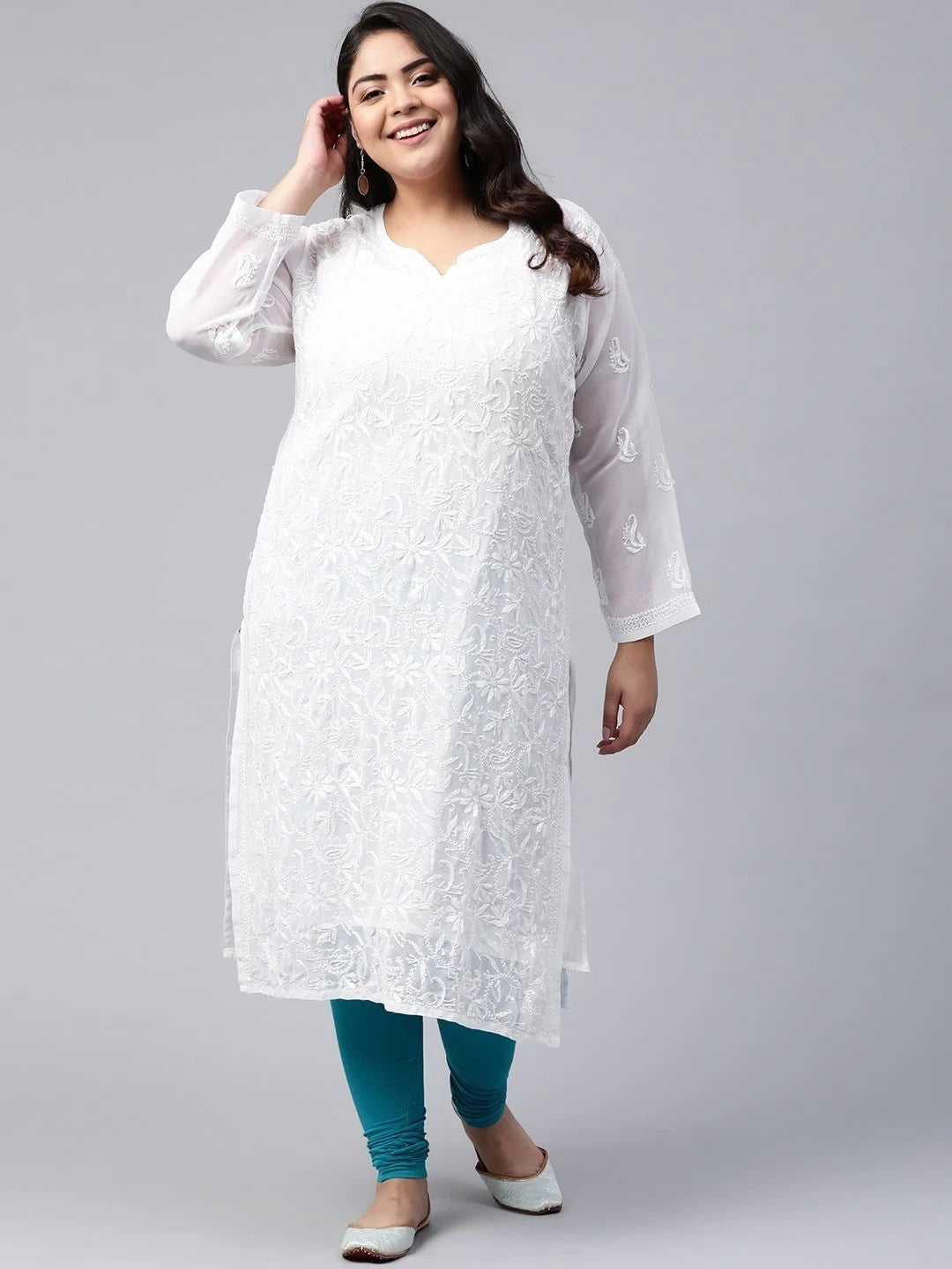 Ada Hand Embroidered White Georgette Lucknowi Chikankari Straight Kurta With Slip A100345